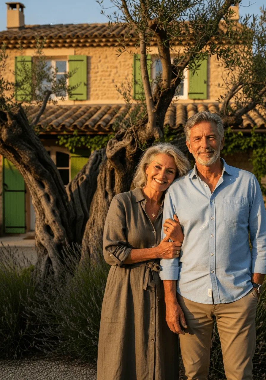 A couple outside a stone farmhouse in Provence at golden hour